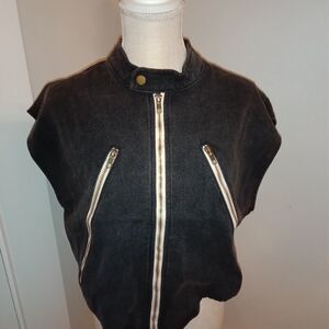 NWOT POL Black Acid Wash Denim Corset Vest with Gold Zipper Accents